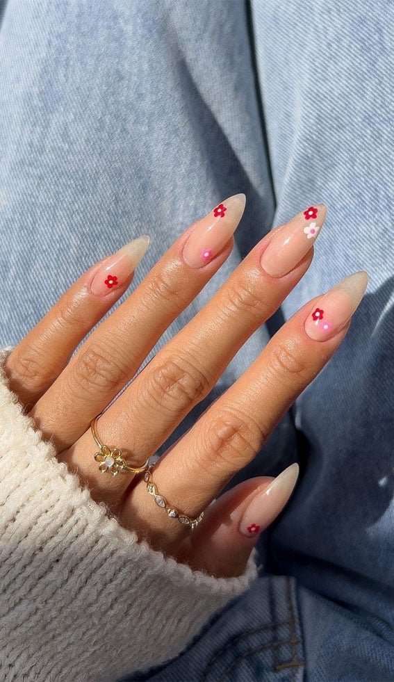Long Almond With Delicate Red And Pink Flowers Long Almond With Delicate Red And Pink Flowers — Simple Flower Nails