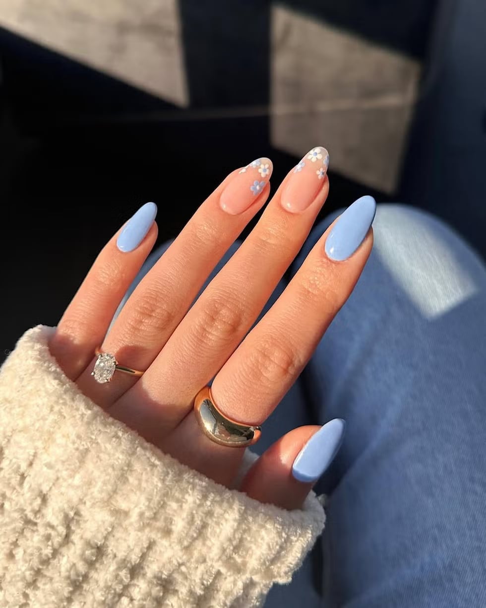 Medium Almond Pastel Blue With White Flowers Medium Almond Pastel Blue With White Flowers — Simple Flower Nails