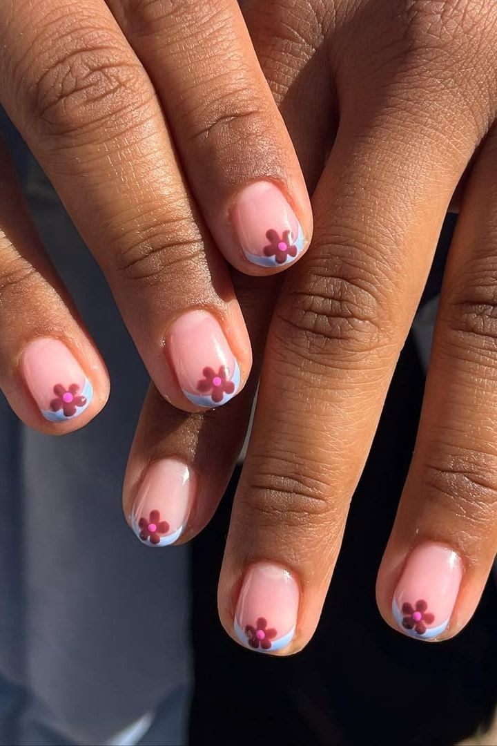 Short Soft Square With Blue French Tip And Pink Flowers Short Soft Square With Blue French Tip And Pink Flowers — Simple Flower Nails