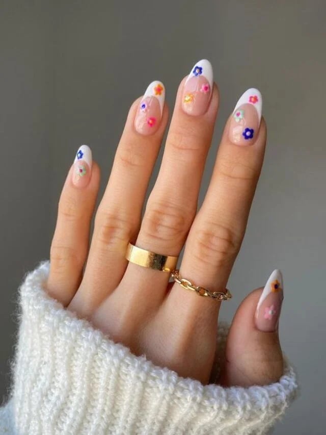 Medium Almond Classic French With Colorful Flowers Medium Almond Classic French With Colorful Flowers — Simple Flower Nails