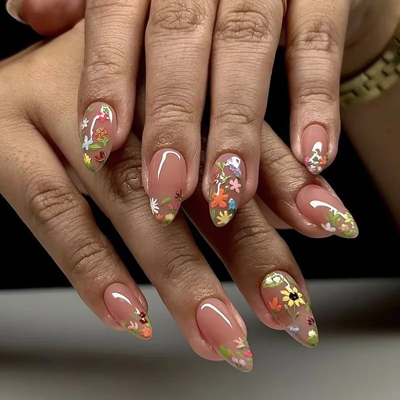 Medium Almond With Dense Multi-Color Floral Scattering Medium Almond With Dense Multi-Color Floral Scattering — Simple Flower Nails