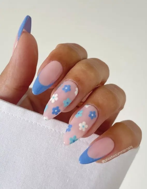 Long Almond Light Pink With Blue White Flower Pattern Long Almond Light Pink With Blue White Flower Pattern — Simple Flower Nails