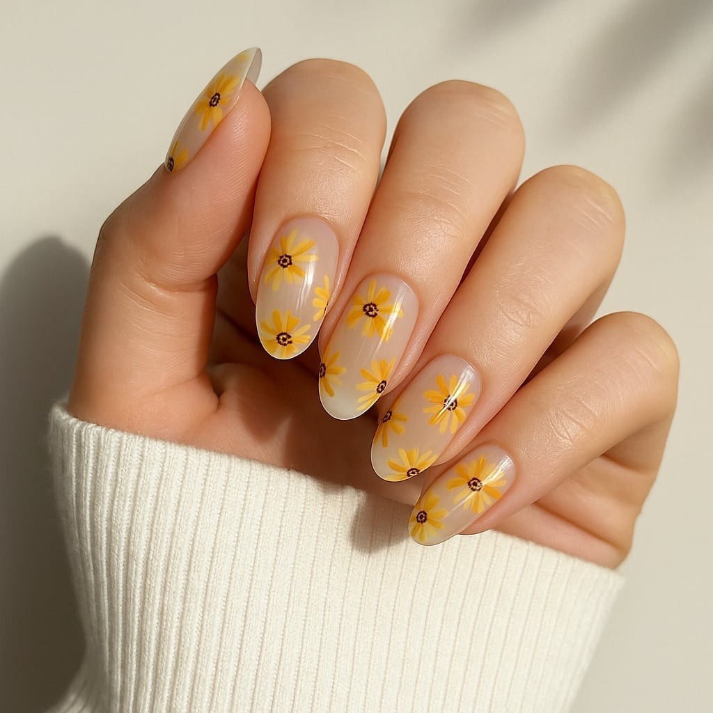 Medium Oval Nude With Yellow Flower Pattern Medium Oval Nude With Yellow Flower Pattern — Simple Flower Nails
