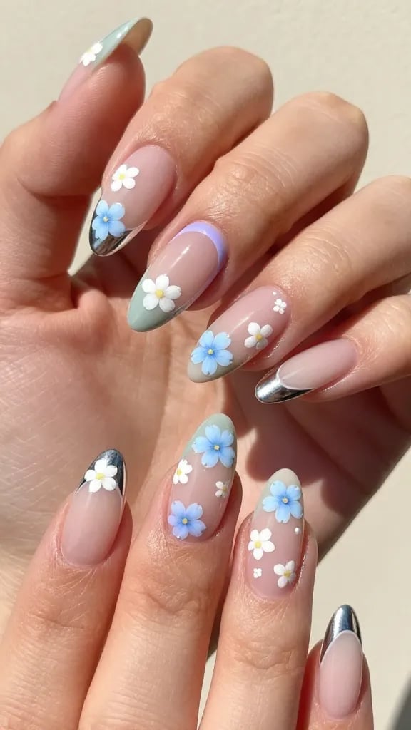 Sheer Pink Almond Nails With Pastel Flowers Sheer Pink Almond Nails With Pastel Flowers — Simple Flower Nails