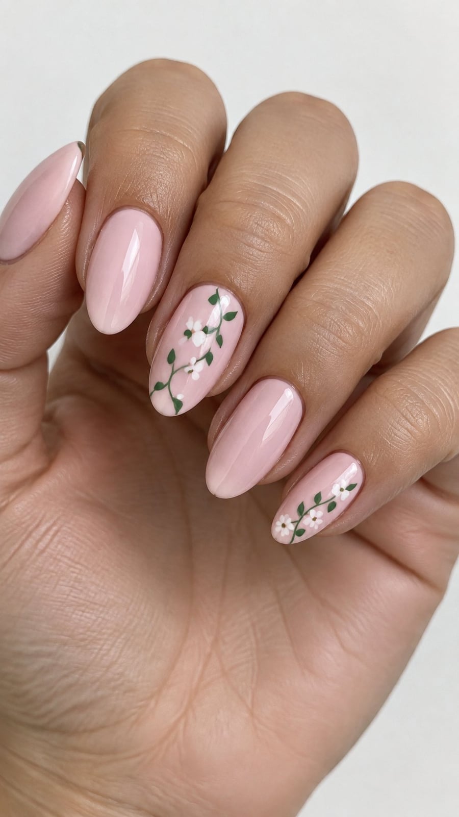 Pale Pink Short Almond With White Floral Vine Pale Pink Short Almond With White Floral Vine — Simple Flower Nails