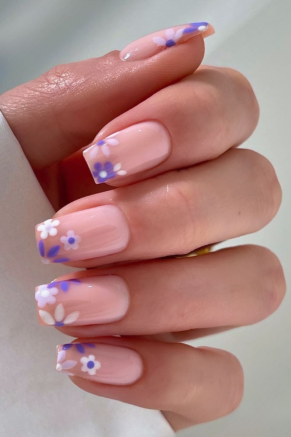 Pale Pink Square French Tips With Purple Flowers Pale Pink Square French Tips With Purple Flowers — Simple Flower Nails