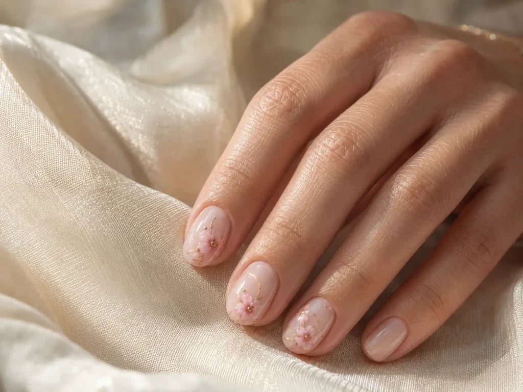 Sheer Nude Oval With Pink Flowers And Gold Lines Sheer Nude Oval With Pink Flowers And Gold Lines — Simple Flower Nails