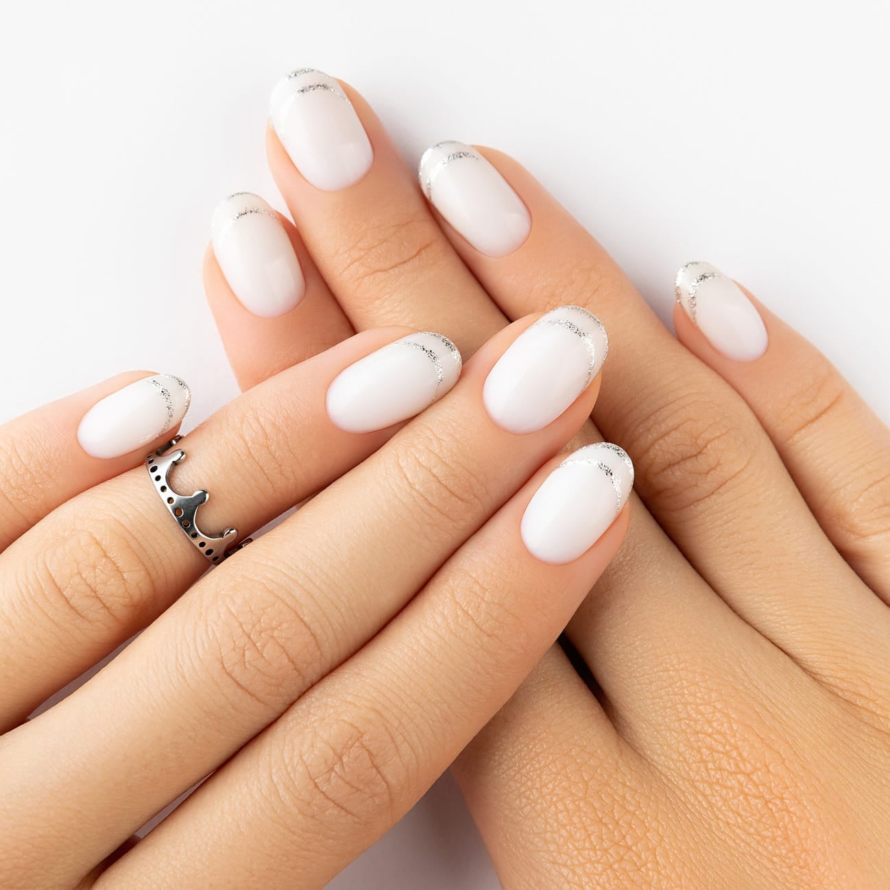 Silver Glitter French Short Oval Nails Silver Glitter French Short Oval Nails — Simple Formal Nails