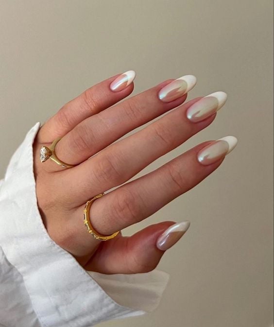 Pearlescent French Medium Almond Nails Pearlescent French Medium Almond Nails — Simple Formal Nails