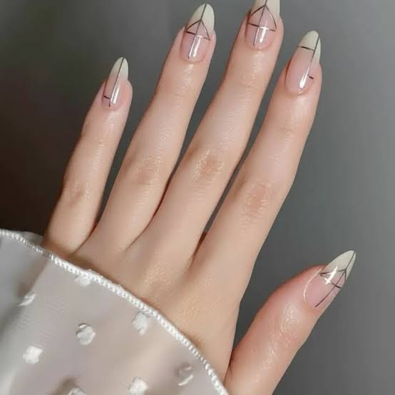 Geometric Gold Lines Medium Almond Nails Geometric Gold Lines Medium Almond Nails — Simple Formal Nails