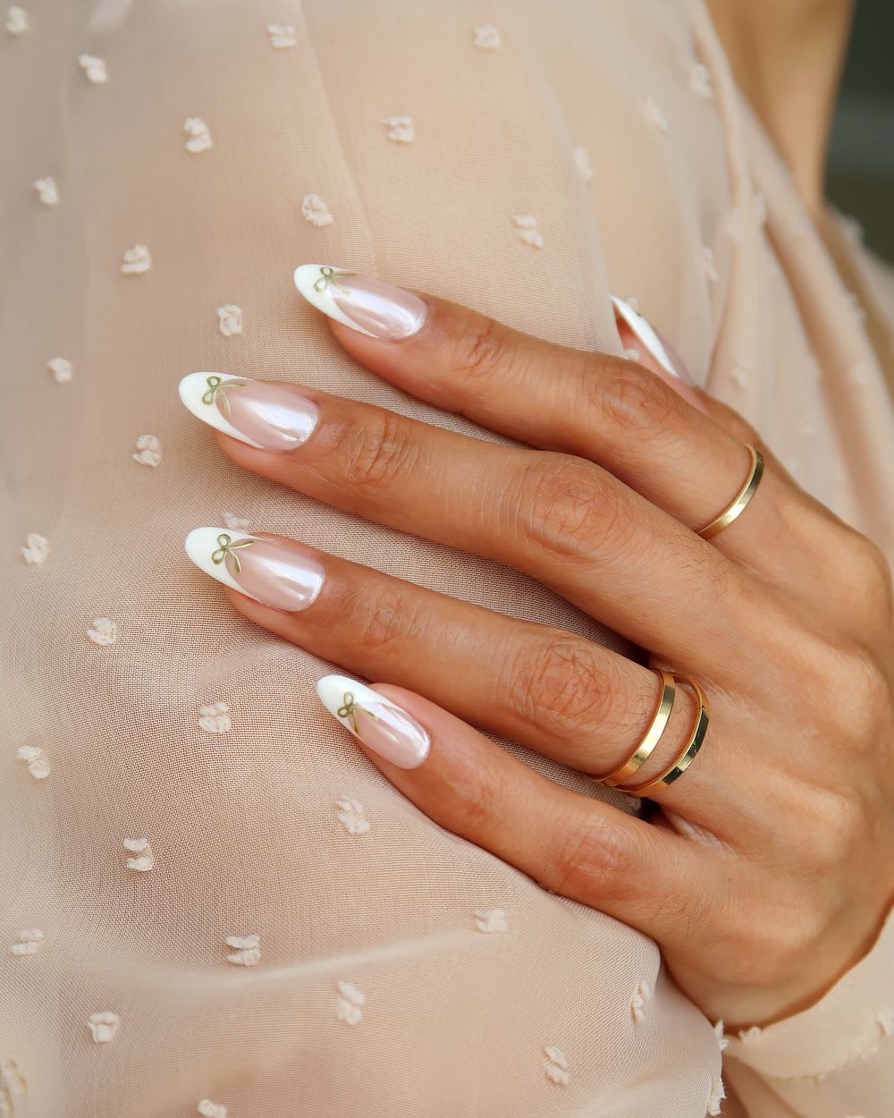 Gold Bow French Medium Almond Nails Gold Bow French Medium Almond Nails — Simple Formal Nails