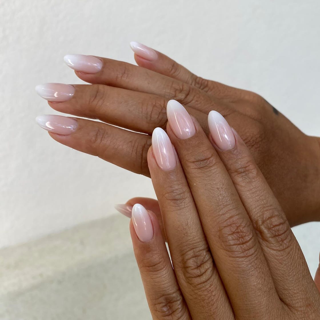 French Ombré Medium Almond Nails, Glossy French Ombré Medium Almond Nails, Glossy — Simple Formal Nails