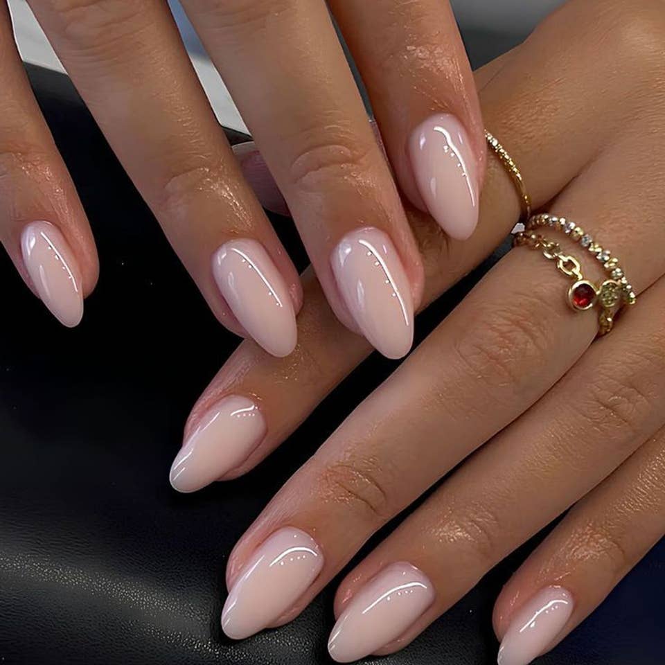 Glossy Sheer Milky Pink Medium Almond Nails Glossy Sheer Milky Pink Medium Almond Nails — Simple Formal Nails