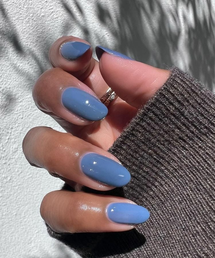 Muted Blue Medium Oval Glossy Nails Muted Blue Medium Oval Glossy Nails — Simple Gel Nails Colors