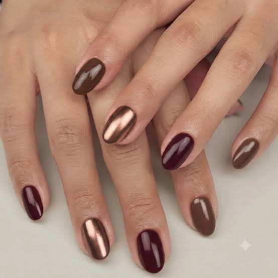 Deep Burgundy Chocolate Metallic Bronze Chrome Nails Deep Burgundy Chocolate Metallic Bronze Chrome Nails — Simple Gel Nails Colors