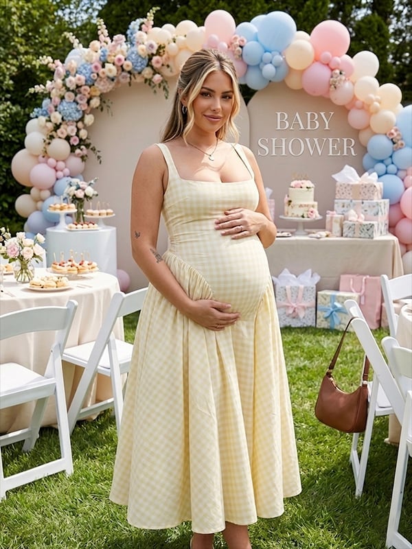 Gingham Fit and Flare Dress for a Celebration, Close-Up Take Gingham Fit and Flare Dress for a Celebration, Close-Up Take — Simple Gender Reveal Outfits