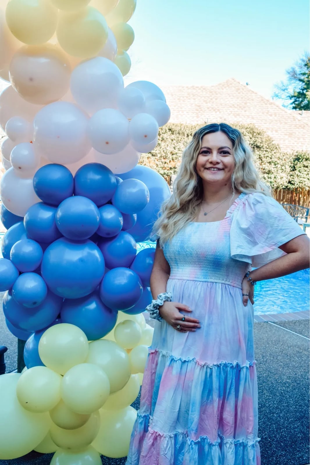 Pastel Tie-Dye Maxi Dress with Puffy Sleeves Pastel Tie-Dye Maxi Dress with Puffy Sleeves — Simple Gender Reveal Outfits