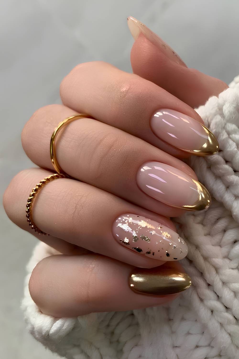 Medium Almond Nude Gold French Tips Medium Almond Nude Gold French Tips — Simple Gold Chrome Nails