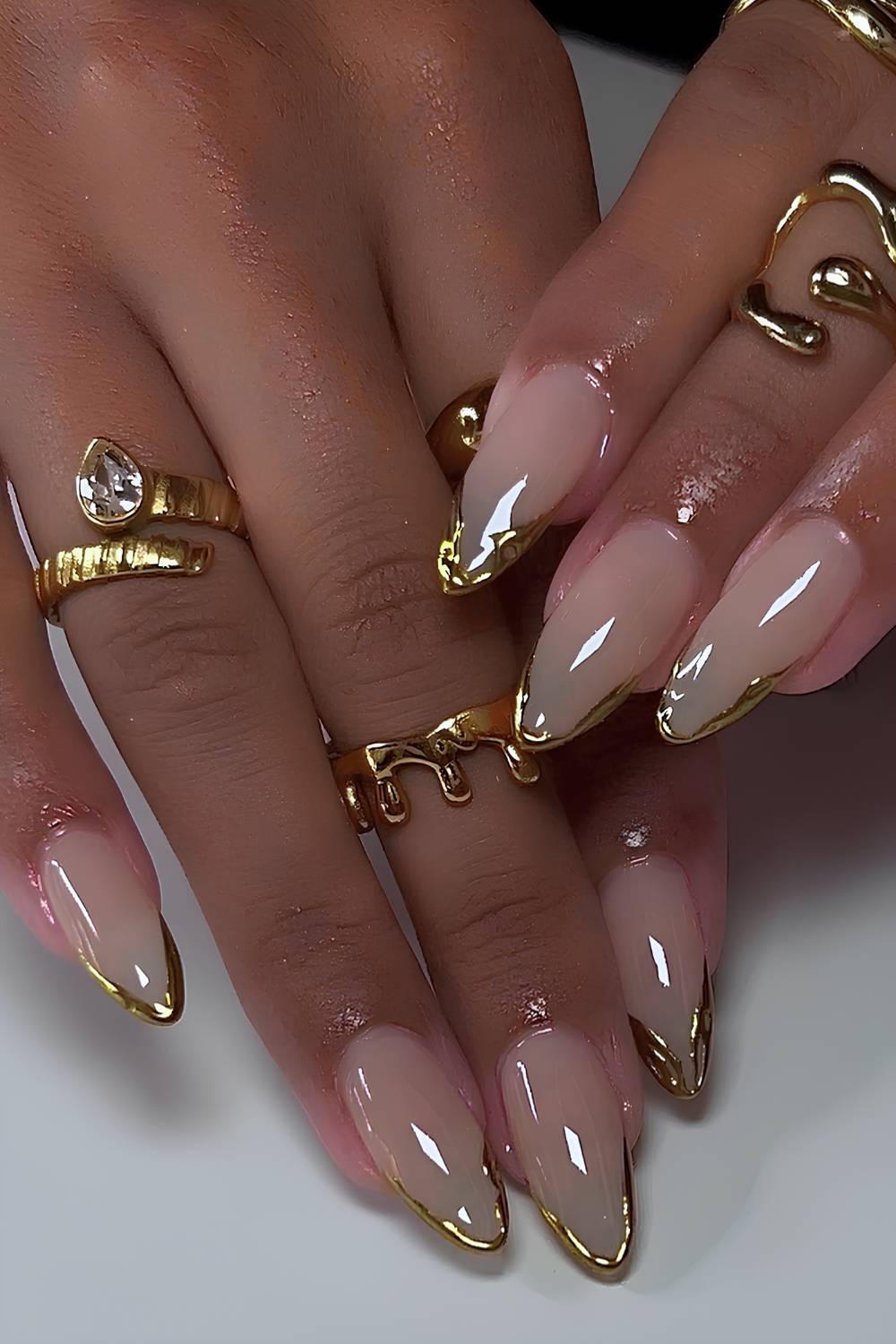 Medium Almond Sheer Gold French Tips, Glossy Medium Almond Sheer Gold French Tips, Glossy — Simple Gold Chrome Nails