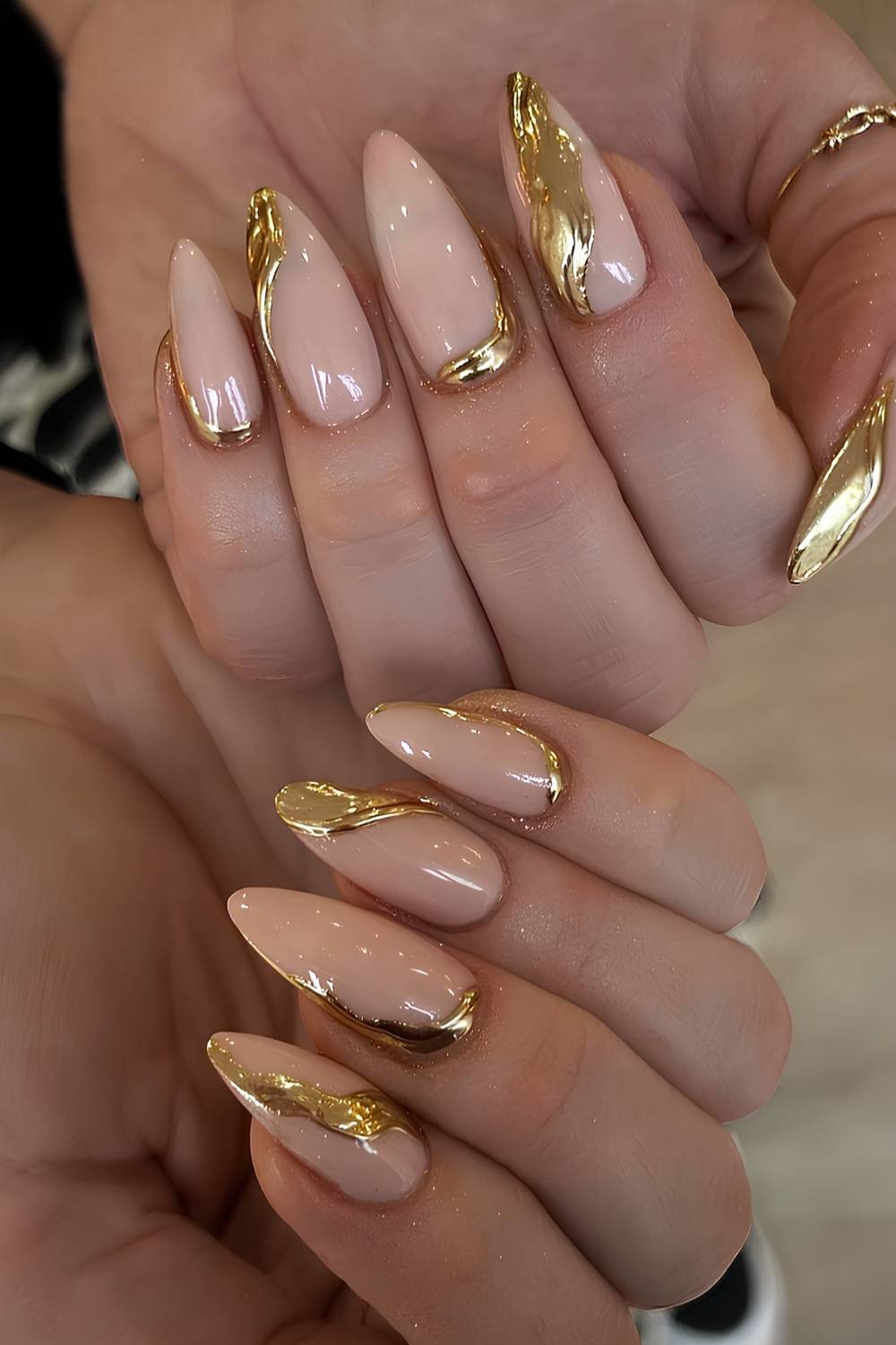 Medium Almond Pink Gold Cuticle Accents, Glossy Medium Almond Pink Gold Cuticle Accents, Glossy — Simple Gold Chrome Nails