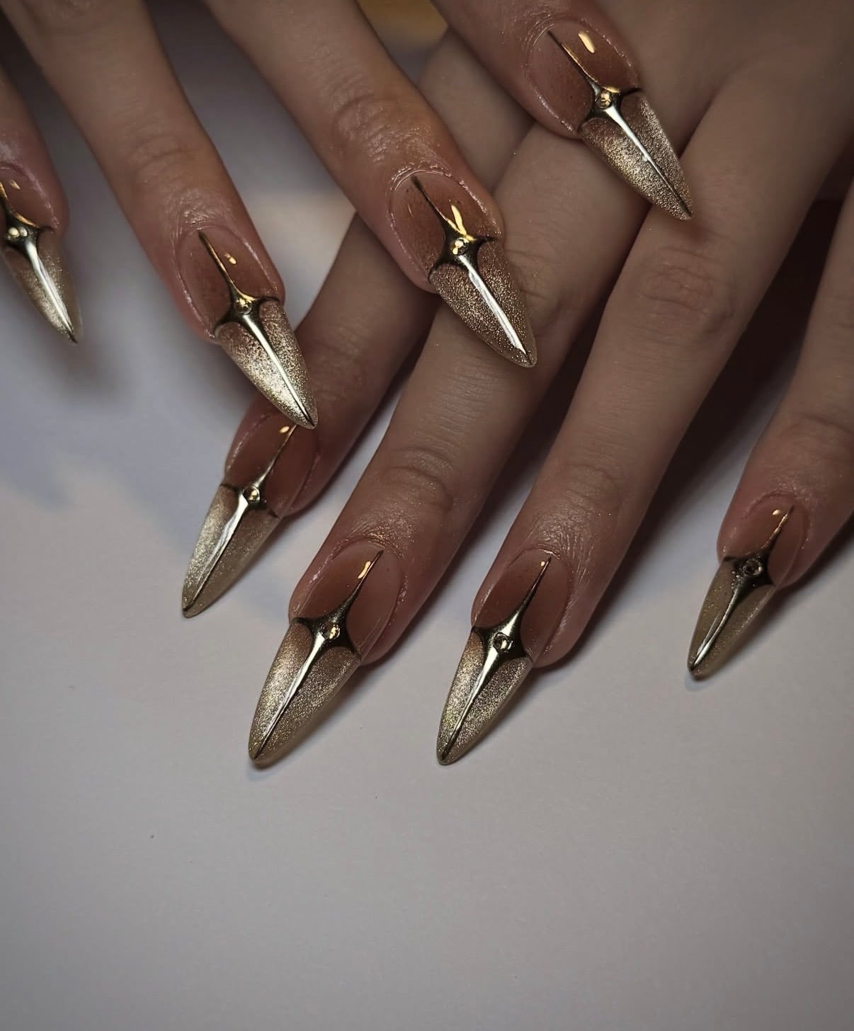 Long Stiletto Nude Gold Chrome Tips Long Stiletto Nude Gold Chrome Tips — Simple Gold Chrome Nails