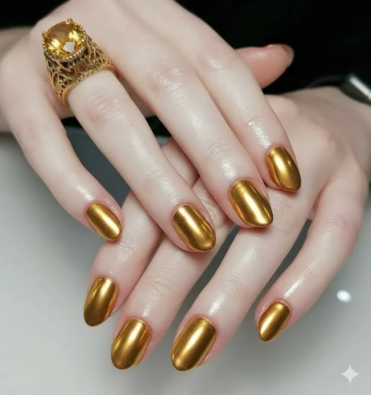 Medium Oval Intense Gold Chrome Shine Nails Medium Oval Intense Gold Chrome Shine Nails — Simple Gold Chrome Nails