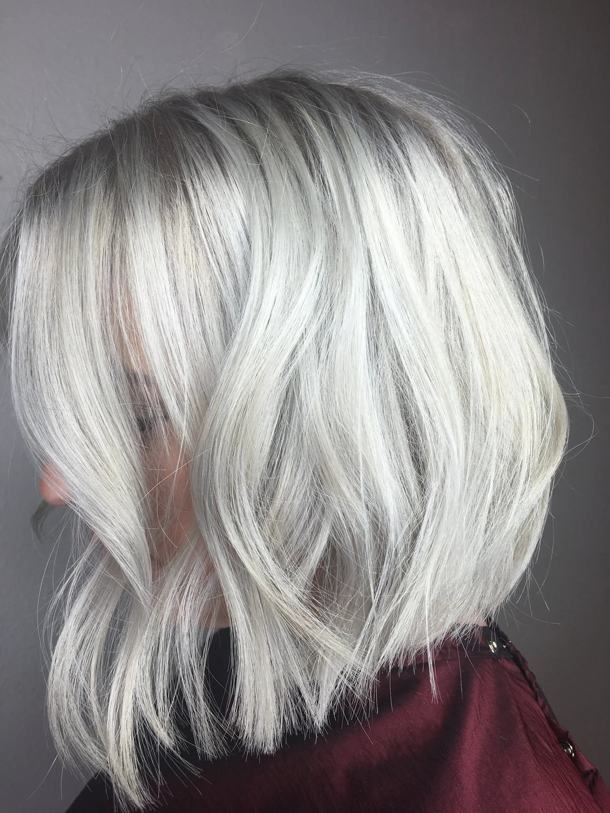 Chin Bob With Platinum Blonde and Gray Undertones — Simple Gray Blending