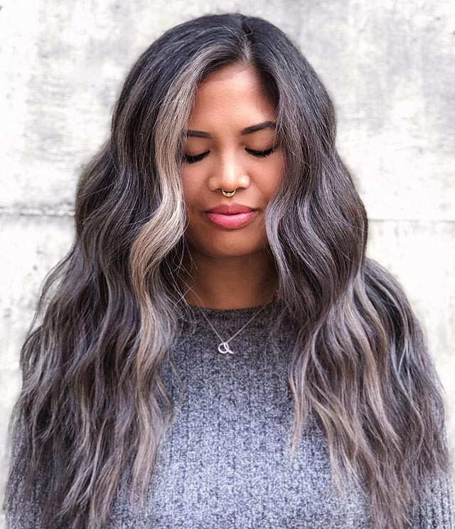 Long Wavy Hair With Dark Brown Gray Blonde Blend — Simple Gray Blending