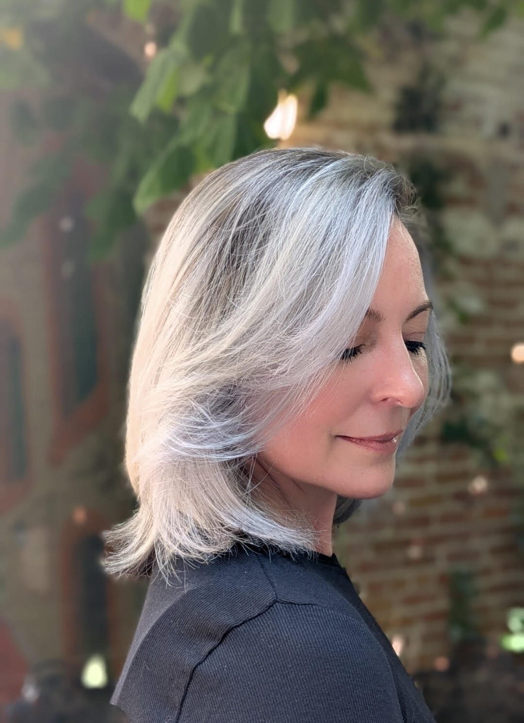 Collarbone Lob With Gray Blend and Curtain Bangs — Simple Gray Blending