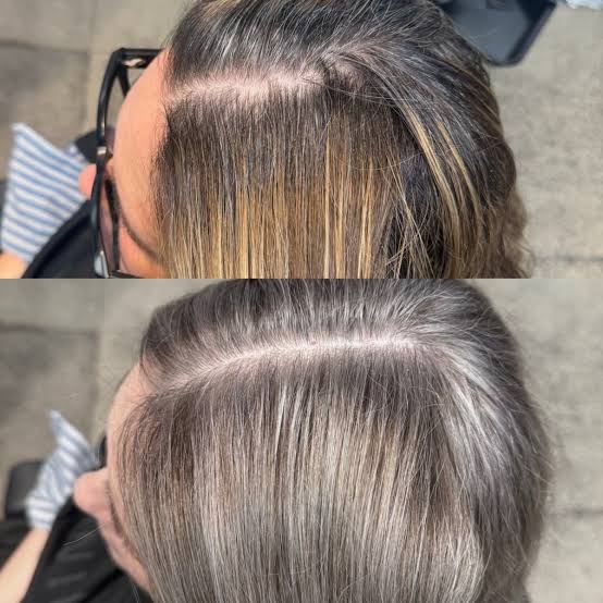 Mid-Back Straight Hair With Gray and Blonde Blend — Simple Gray Blending