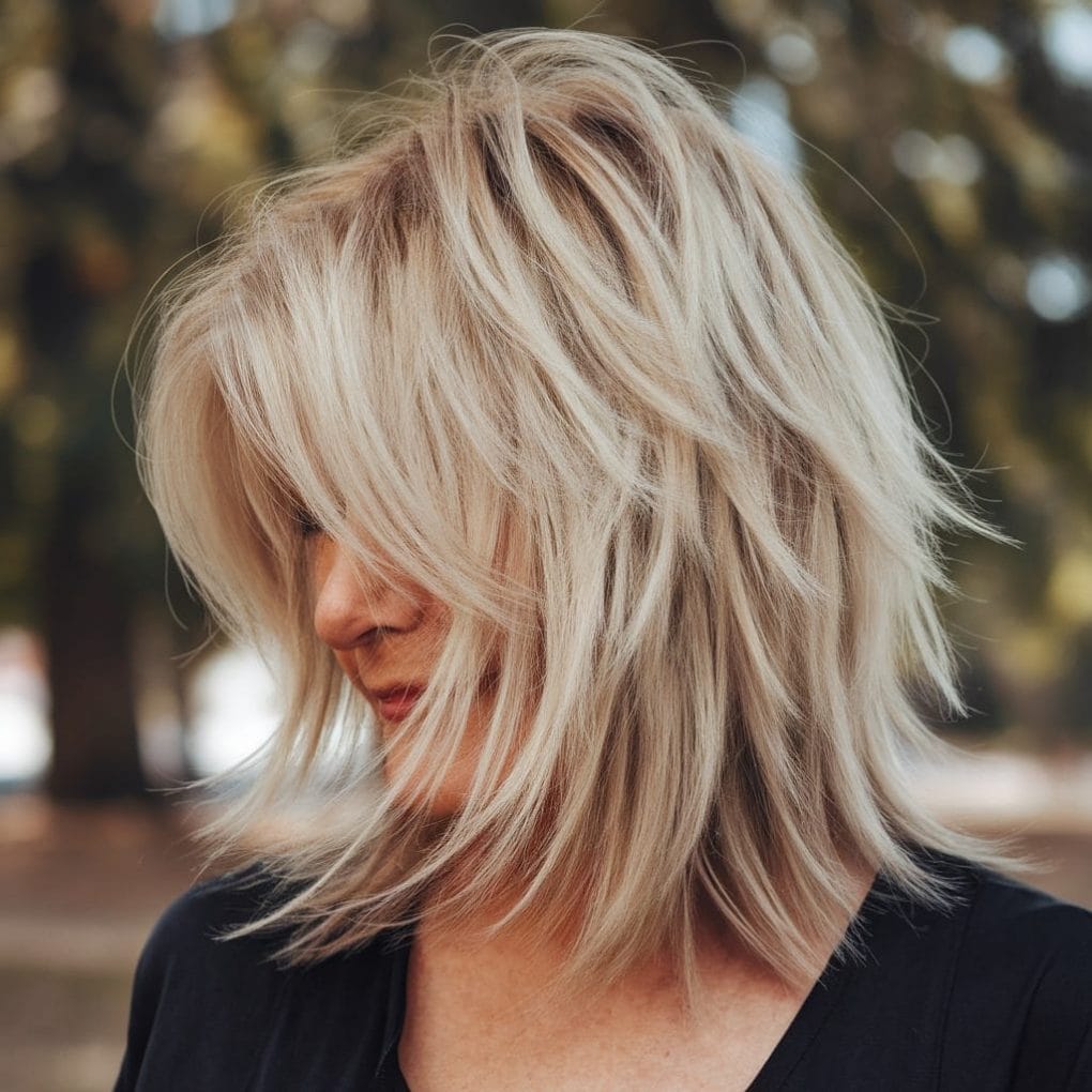 Textured Shag With Curtain Bangs — Simple Haircuts for Thinning Hair