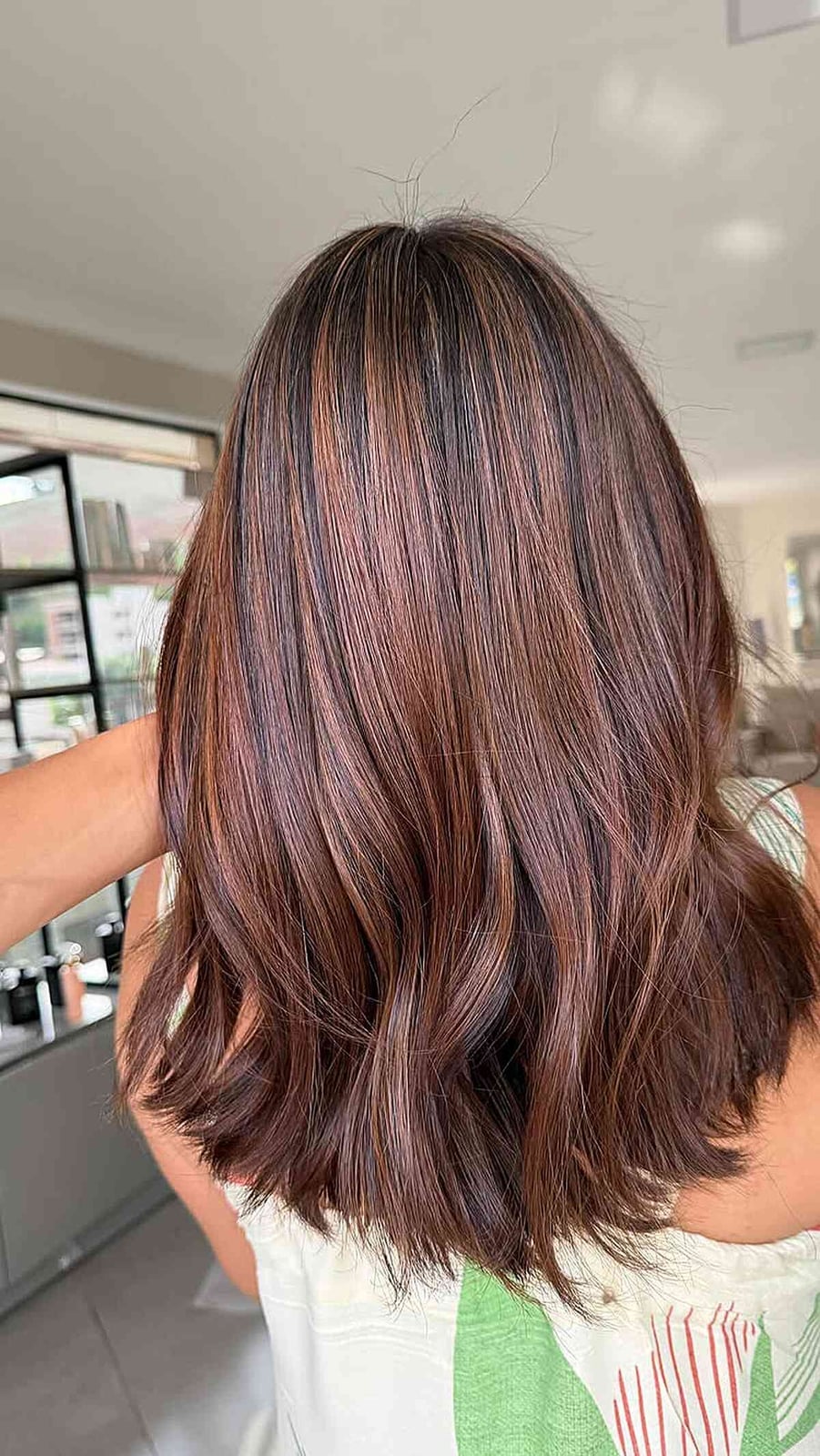 Dark Brown Mid-Back With Face-Framing Highlights, Close-Up Take Dark Brown Mid-Back With Face-Framing Highlights, Close-Up Take — Simple Highlights