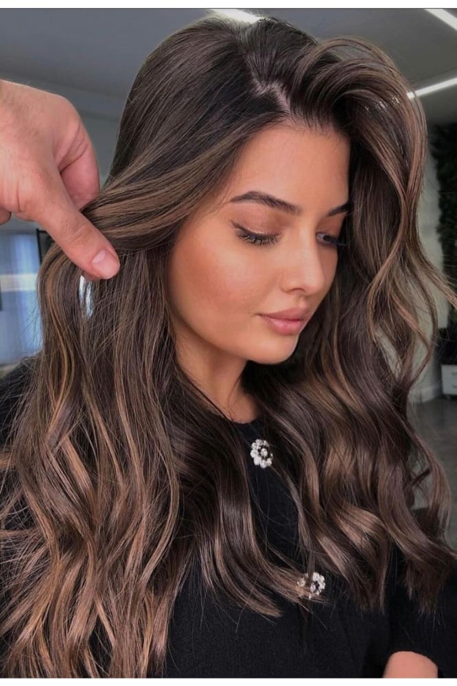Dark Brown Mid-Back With Ash Brown Highlights, Middle Dark Brown Mid-Back With Ash Brown Highlights, Middle — Simple Highlights