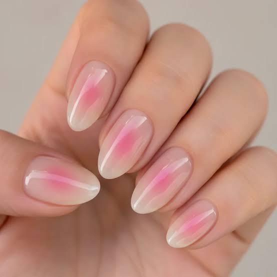 Milky Pink Aura Gradient Medium Almond Nails Milky Pink Aura Gradient Medium Almond Nails — Simple Japan Nails