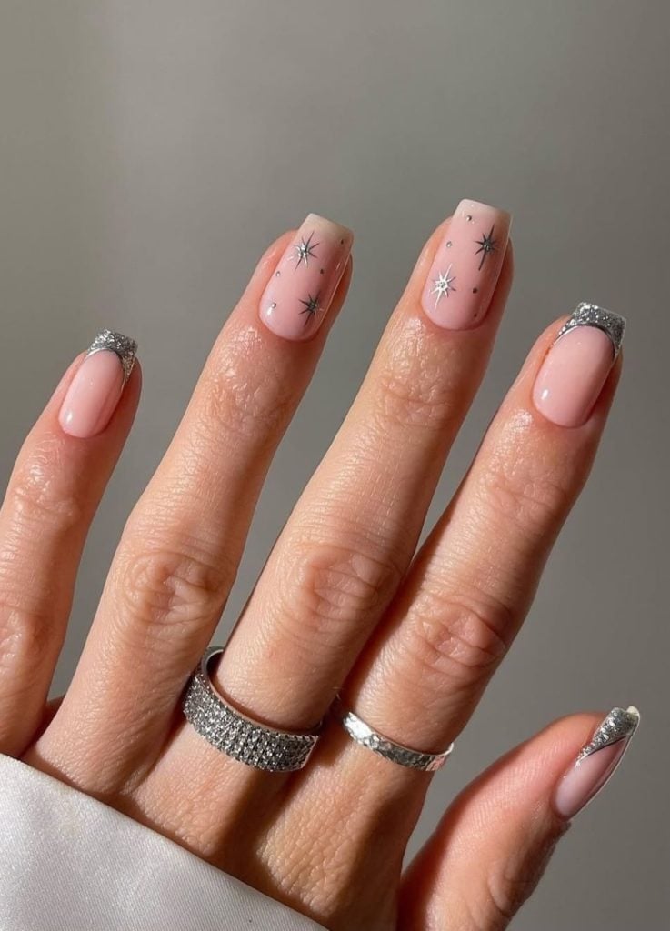 Square Nails With Silver French Tip and Stars Square Nails With Silver French Tip and Stars — Simple Japan Nails