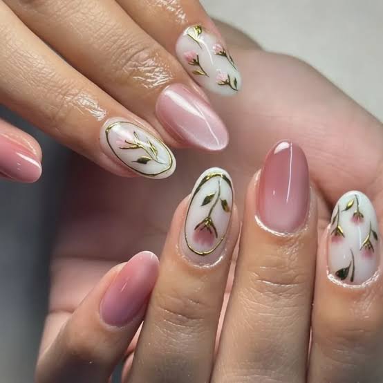 Pink Gradient Oval Nails With Gold Floral Motifs Pink Gradient Oval Nails With Gold Floral Motifs — Simple Japan Nails