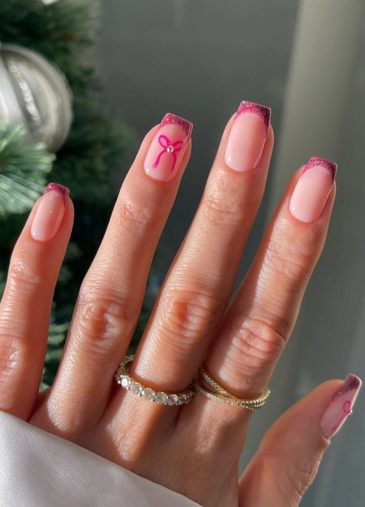 Almond French Manicure With Glitter Tips and Bow Almond French Manicure With Glitter Tips and Bow — Simple Japan Nails