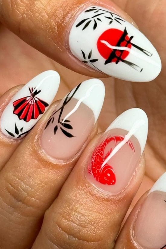 Almond Nails With Red Japanese Motifs Almond Nails With Red Japanese Motifs — Simple Japan Nails