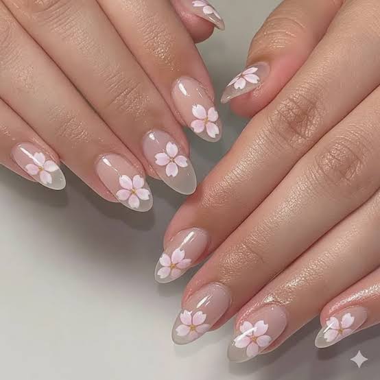 Sheer Pink Almond Nails With Hand-Painted Flowers Sheer Pink Almond Nails With Hand-Painted Flowers — Simple Japan Nails