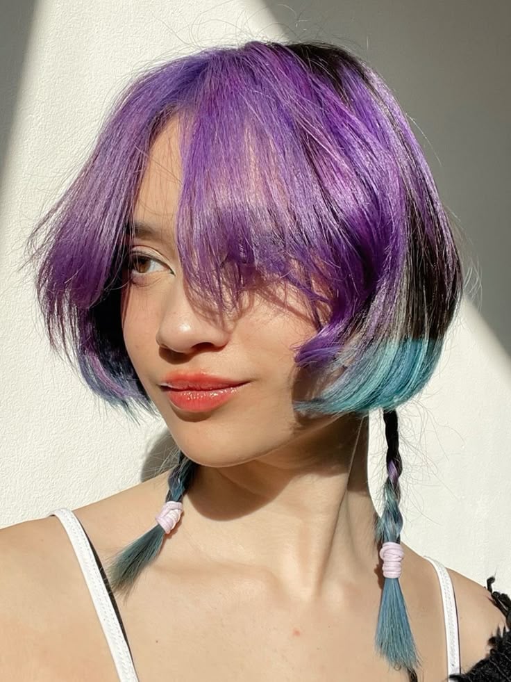 Chin Length Purple And Teal Bob With Braids — Simple Jellyfish Haircut