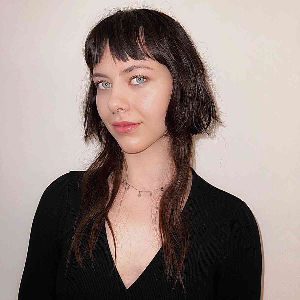 Collarbone Dark Brown Jellyfish With Choppy Bangs, Short — Simple Jellyfish Haircut
