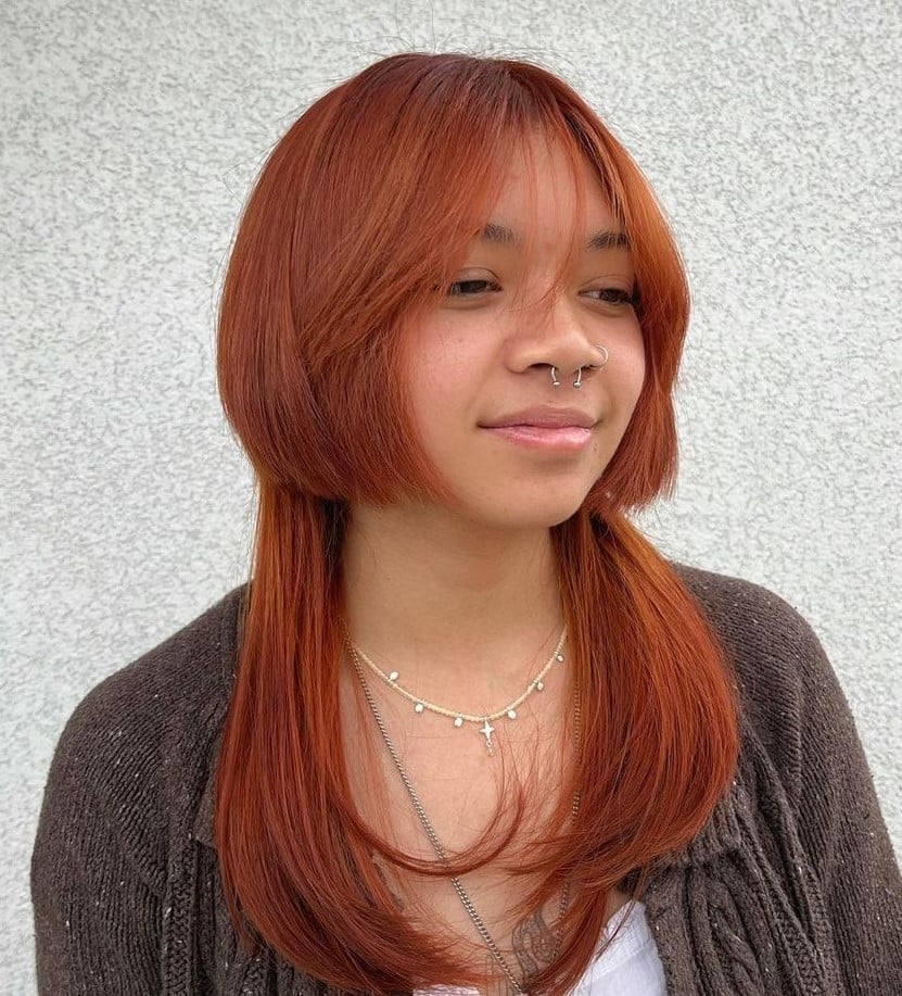 Collarbone Copper Layered Cut With Curtain Bangs — Simple Jellyfish Haircut