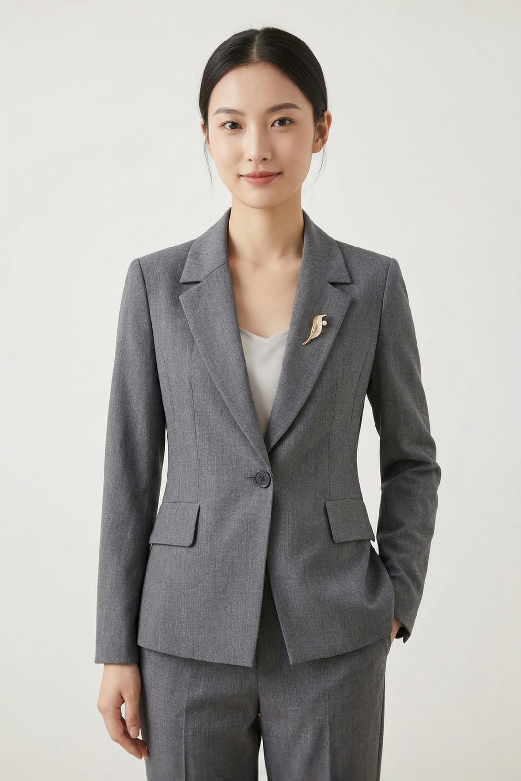 Gray Textured Blazer with White Camisole and Trousers, Close-Up Take — Simple Job Interview Outfits