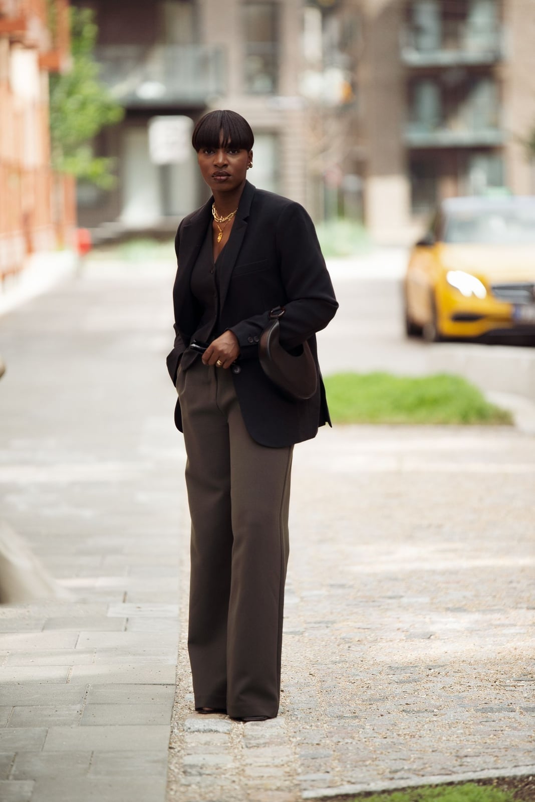 Black Tailored Blazer with Dark Top and Gray, Office-Safe Version — Simple Job Interview Outfits