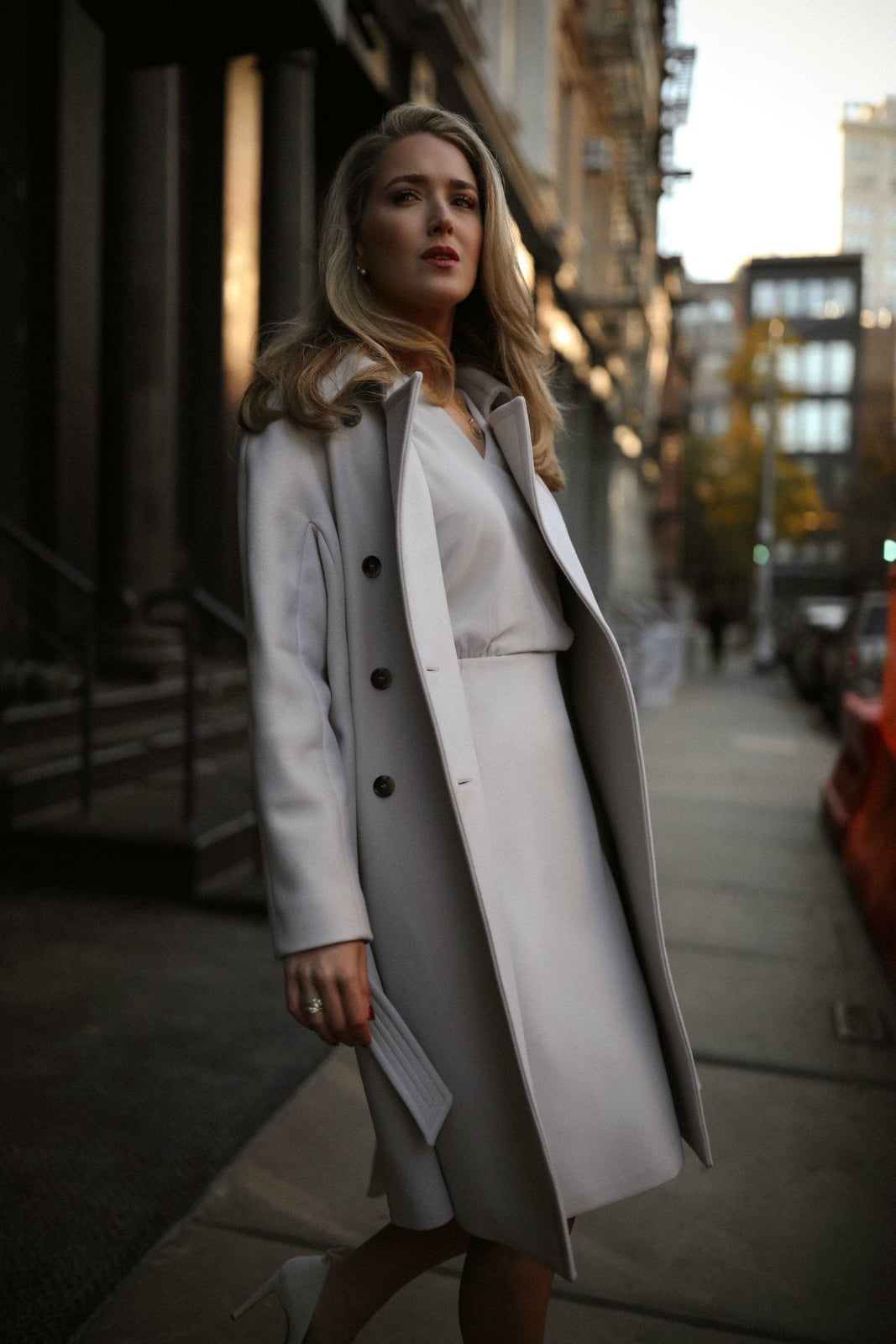 Light Gray Coat Over Matching Dress With Smooth Wool Blend — Simple Job Interview Outfits