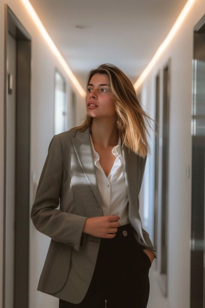 Textured Gray Blazer with White Shirt and Black Trousers, Professional — Simple Job Interview Outfits