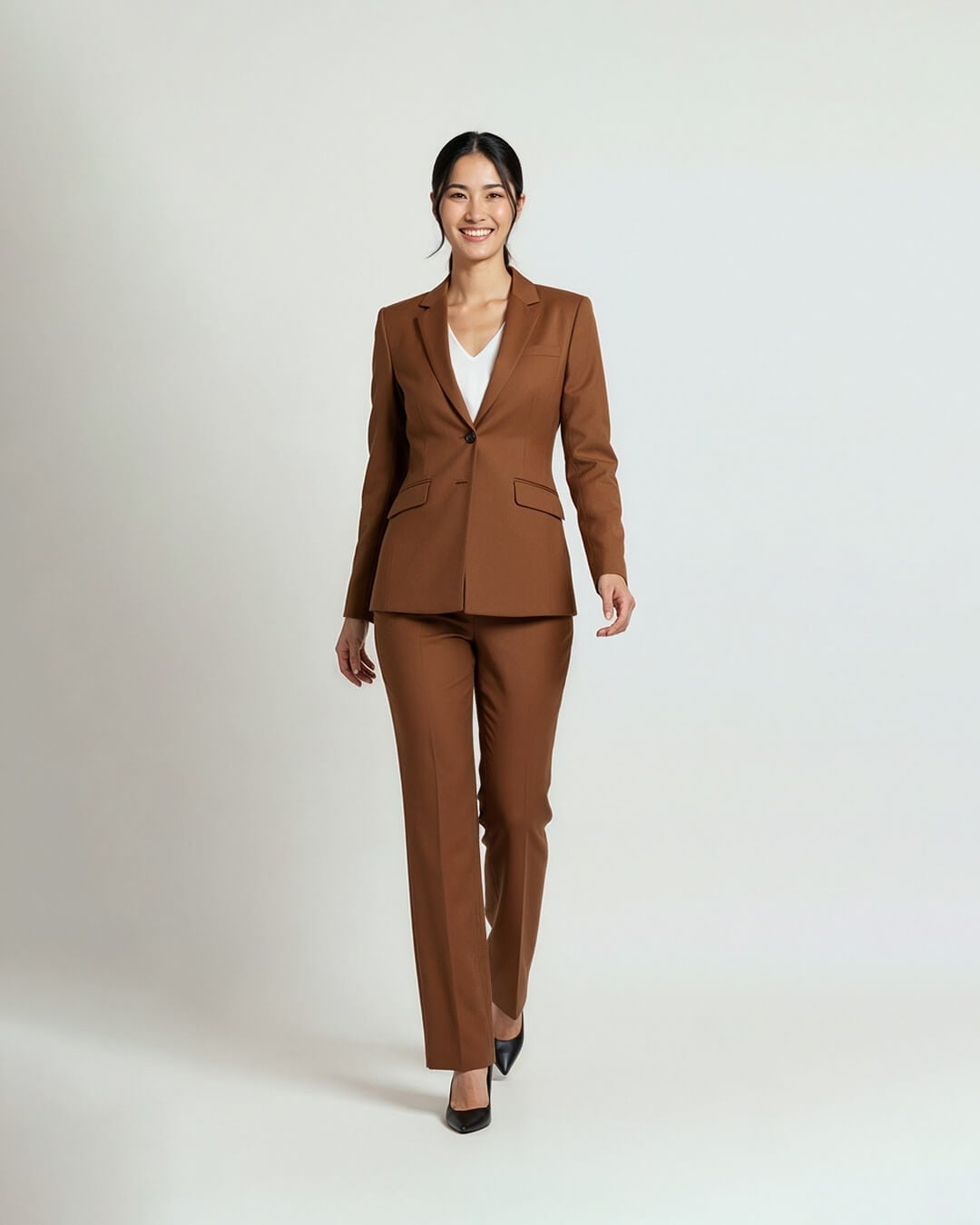 Brown Tailored Suit with White V-Neck Top — Simple Job Interview Outfits