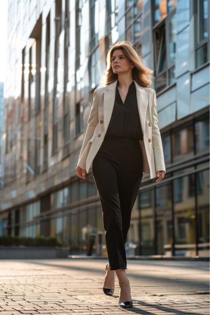 Beige Double-Breasted Blazer with Black Jumpsuit — Simple Job Interview Outfits