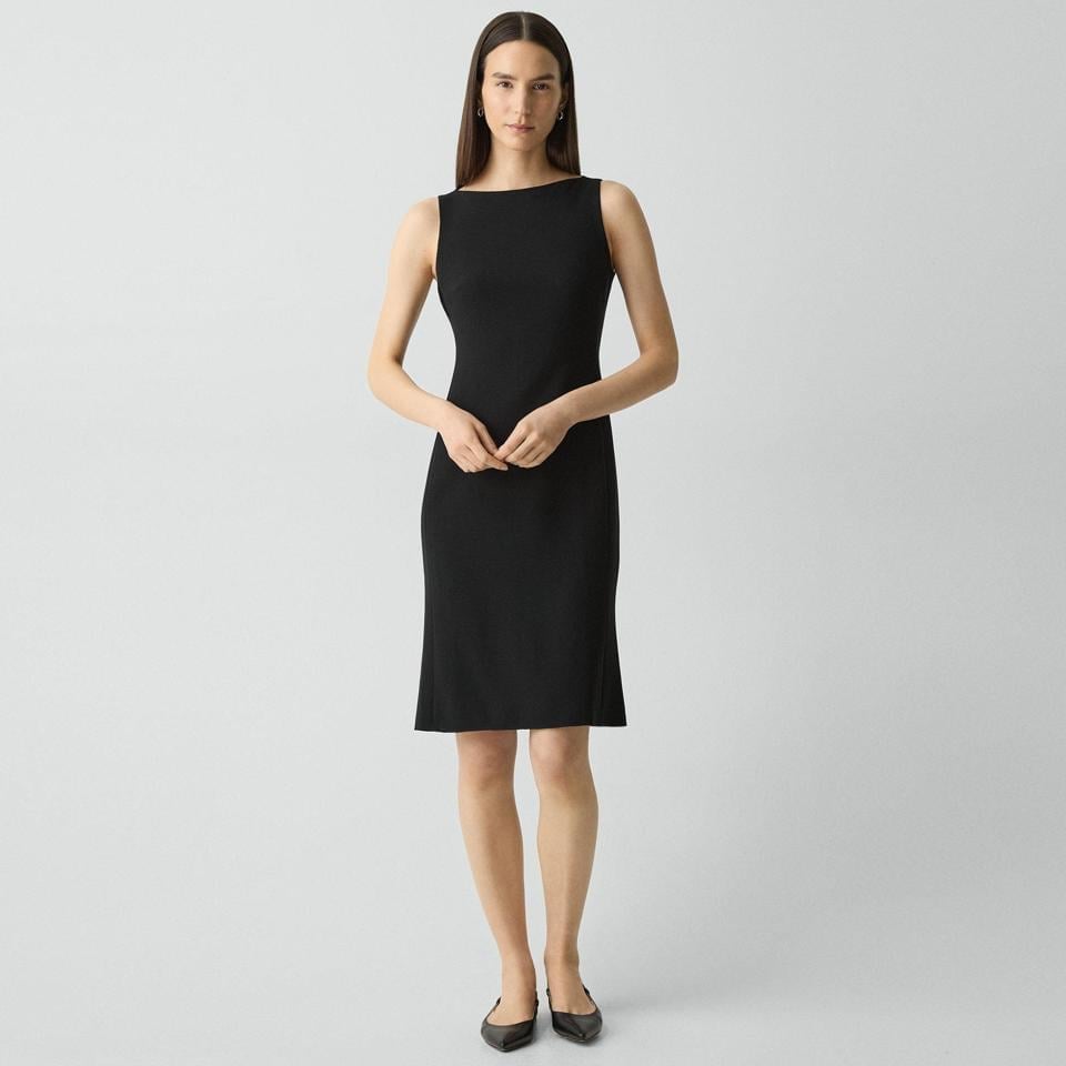 Black Sleeveless Sheath Dress With Pointed-Toe Flats — Simple Job Interview Outfits
