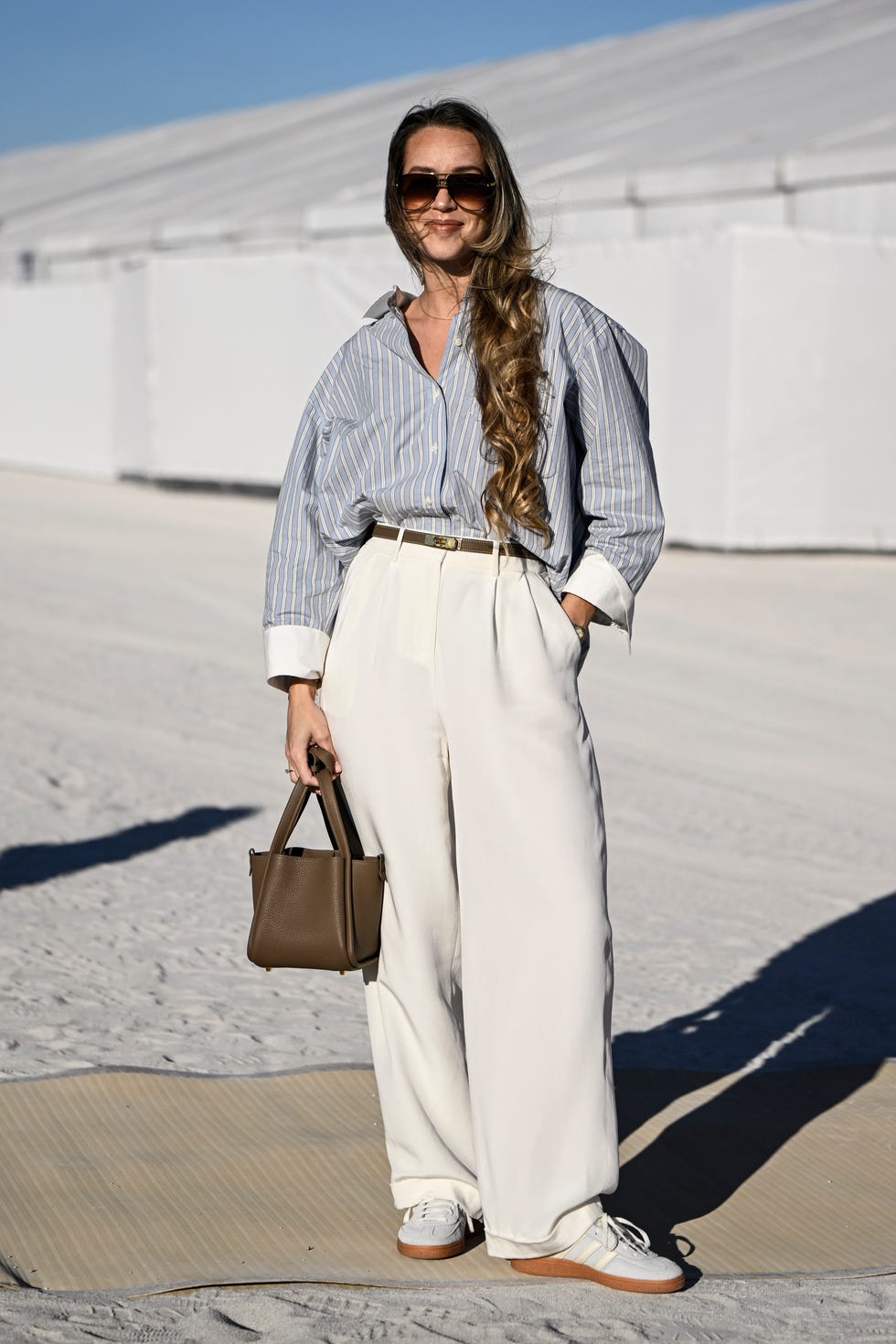 Striped Oversized Shirt with Cream Wide-Leg Trousers, Cotton — Simple Job Interview Outfits